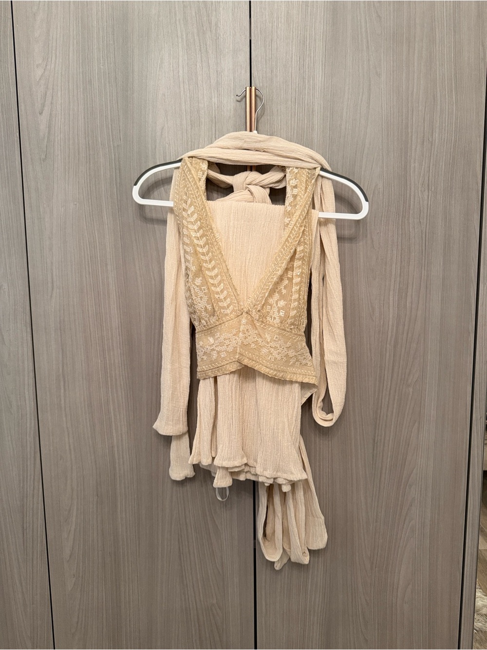 Cream Embroidered V-Neck Boho Top & Skirt